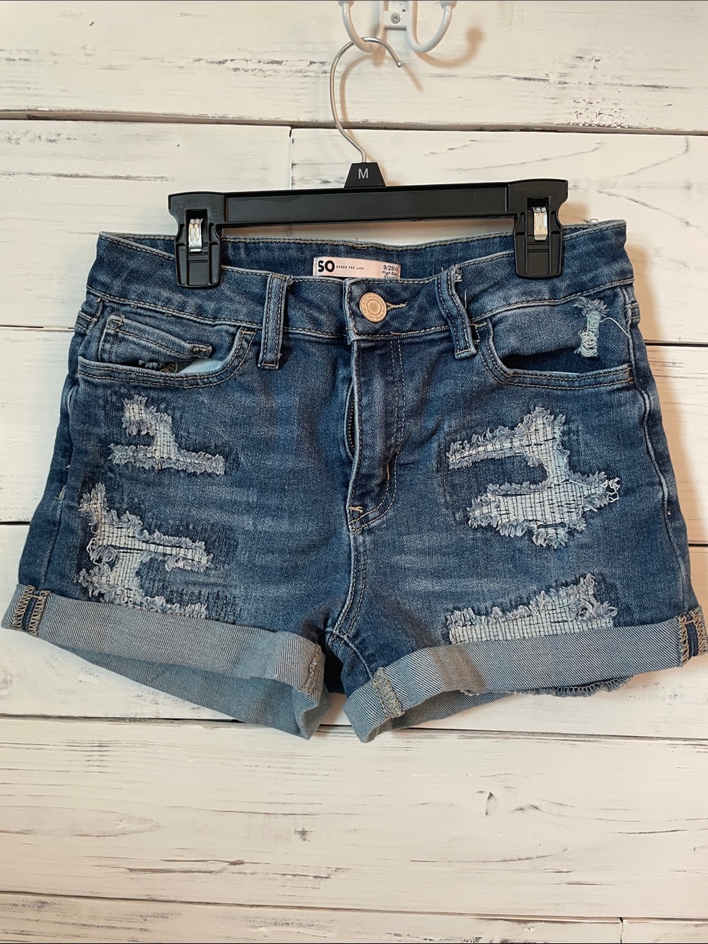 SO Blue Distressed Rolled Hem Denim Shorts